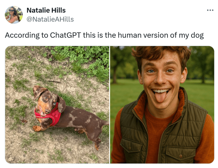 Chat GPT generated image of a dog turned into a human with his tongue sticking out.