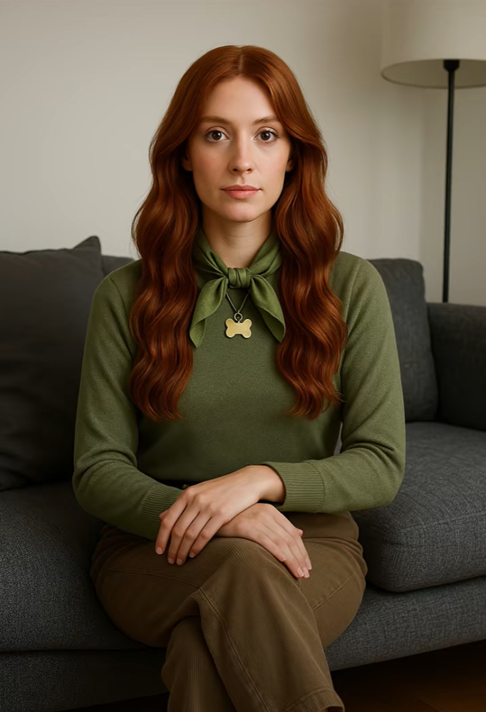 AI generated image of the dog on a couch as a human woman.