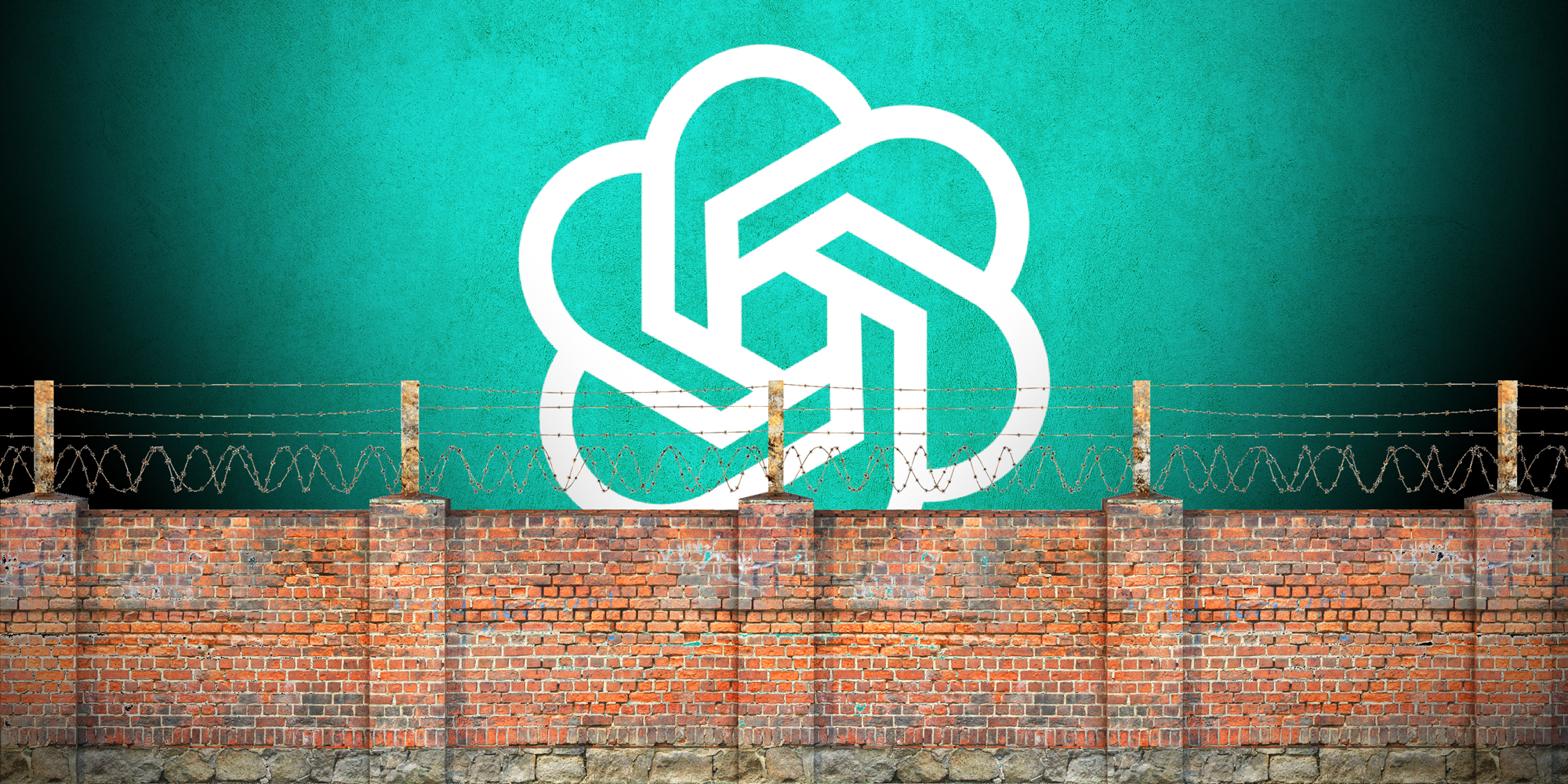 The ChatGPT logo behind a brick wall topped by barbed wire.