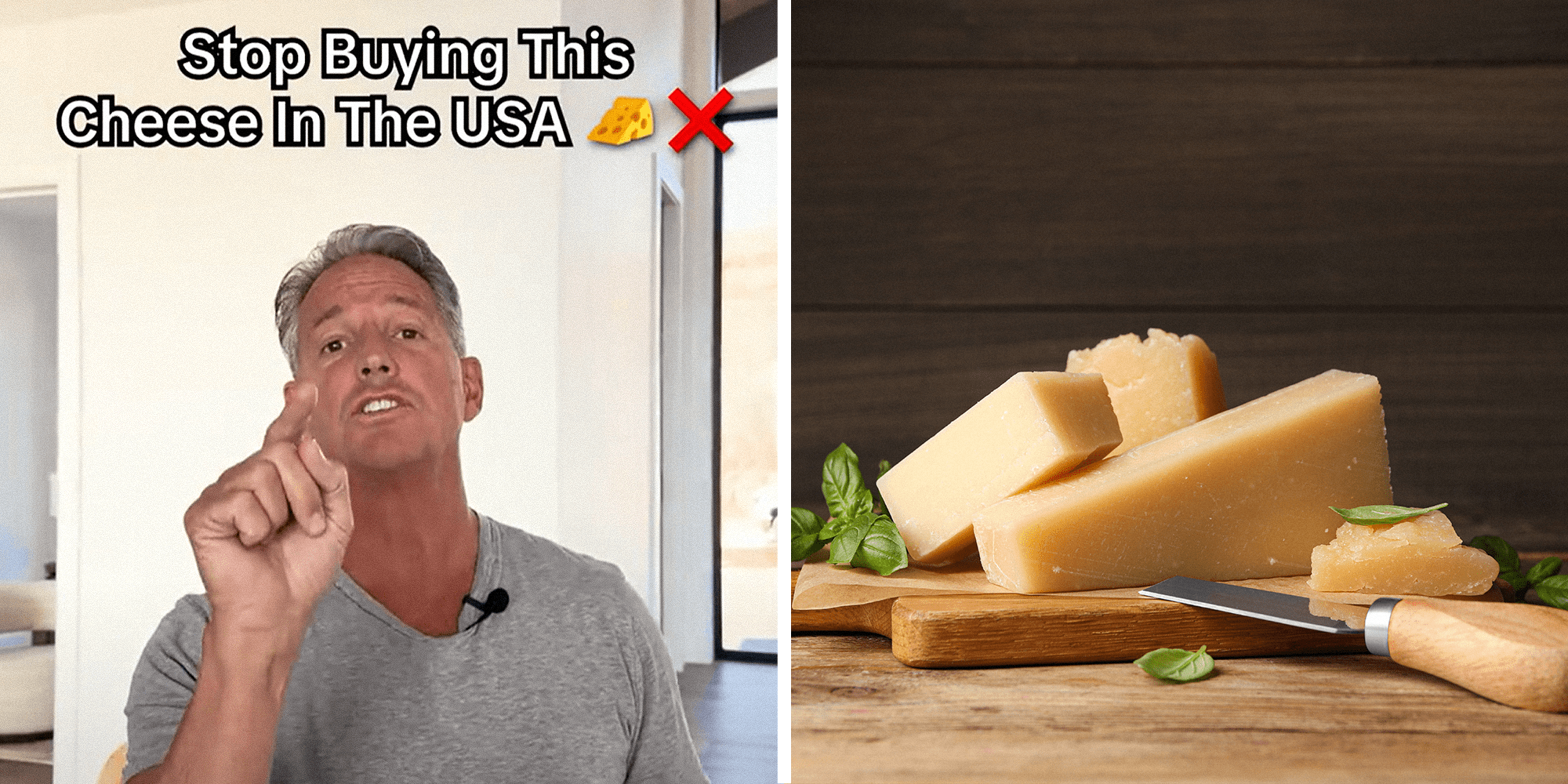 2 panel image. Man pointing at camera with caption that reads: "Stop buuying this cheese in the U.S.A (cheese emoji) (X emoji)" on left. Cheese on wooden board on right.