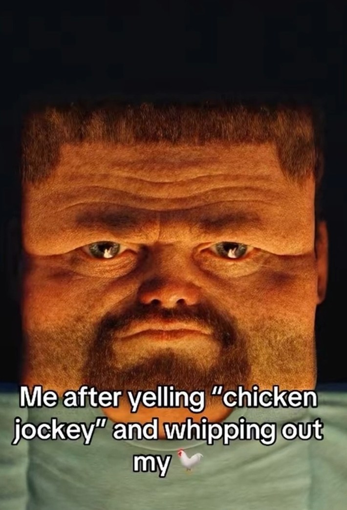 ai chicken jockey meme that reads "me after yelling 'chicken jockey and whipping out my 🐔"