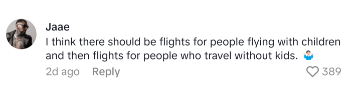 TikTok comment reads, "I think there should be flights for people flying with children and then flights for people who travel without kids. (shrug emoji)"