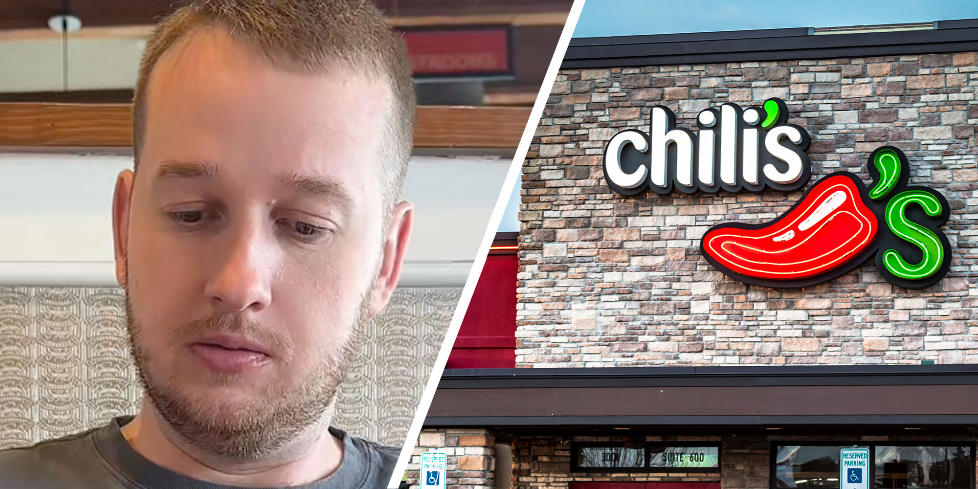 Screenshot from Tiktok user @maddy_daddie of her boyfriend at a Chili's; Photo of a Chili's.
