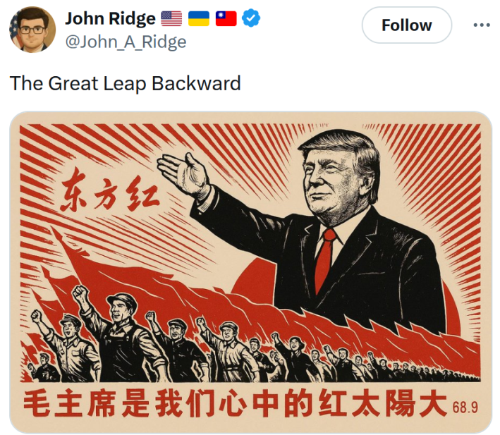 Tweet with text reading "The Great Leap Backward" and an AI image depicting Donald Trump as Mao Zedong.