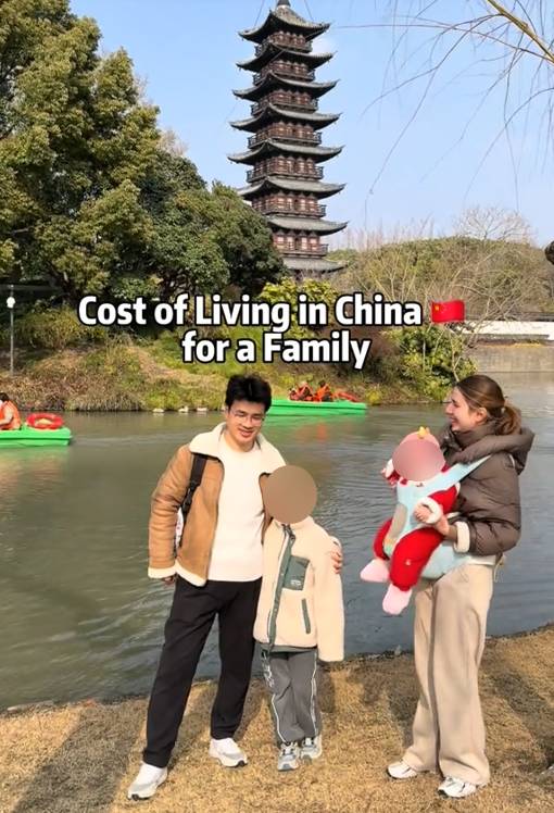 TikTok video of a family of four posing in front of a river with the caption reading "Cost of Living in China for a Family"