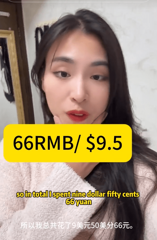 TikTok video of a woman saying she spent $9.50 for the day in China.