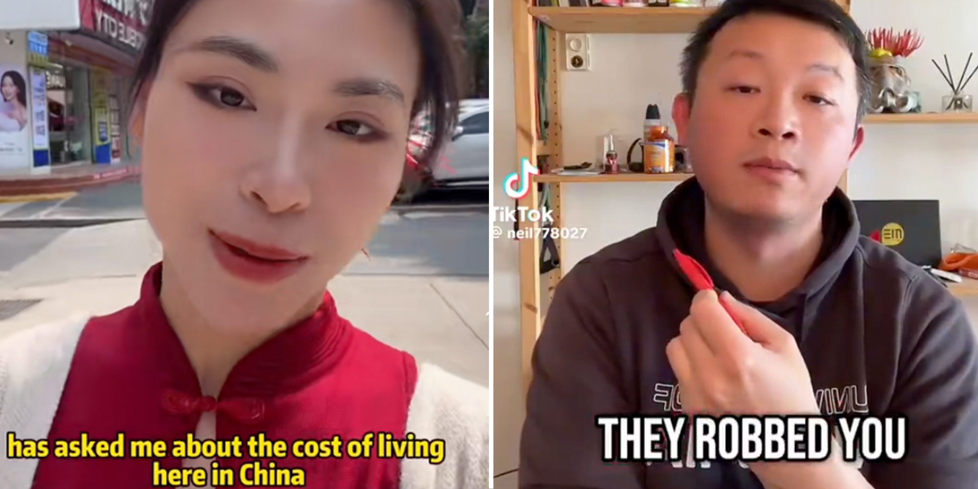 Screenshots from X users @lisalee6789 and @neil778027 of TikToks from Chinese creators with the captions "has asked me about the cost of living here in China" and "They Robbed You".