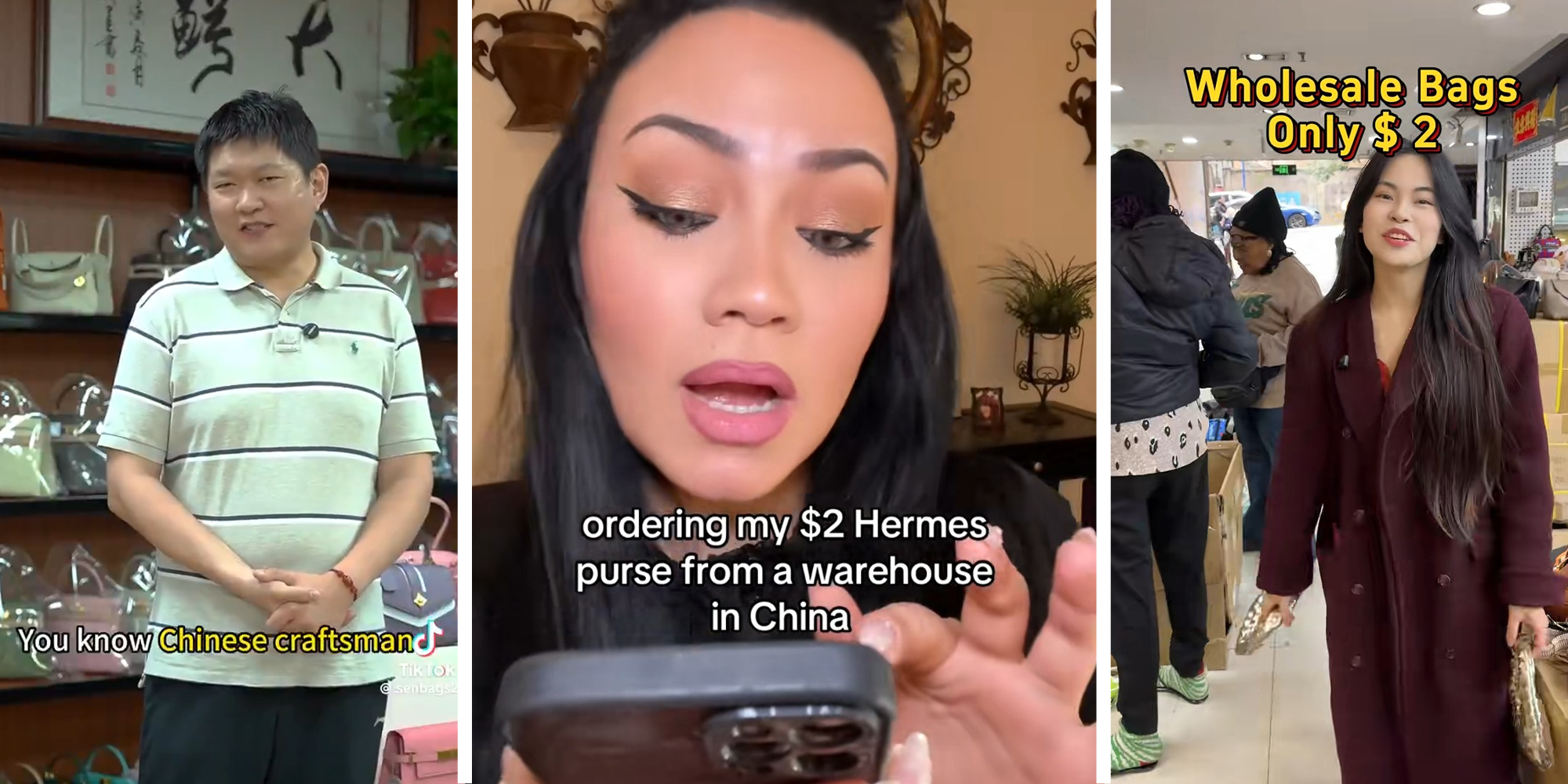 man shares luxury brands are made in china(l) Woman ordering products from china(c) Woman shares sales happening in china with luxury products(r)