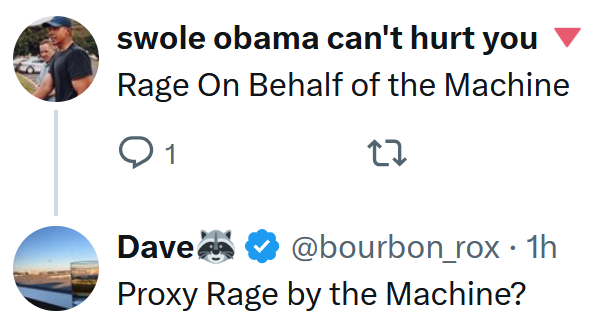 Tweet reading "Rage On Behalf of the Machine"