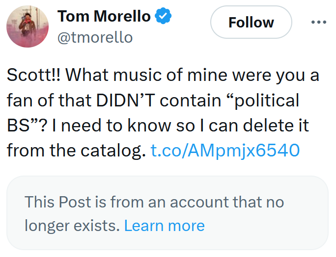 Tweet reading "Scott!! What music of mine were you a fan of that DIDN’T contain “political BS”? I need to know so I can delete it from the catalog."