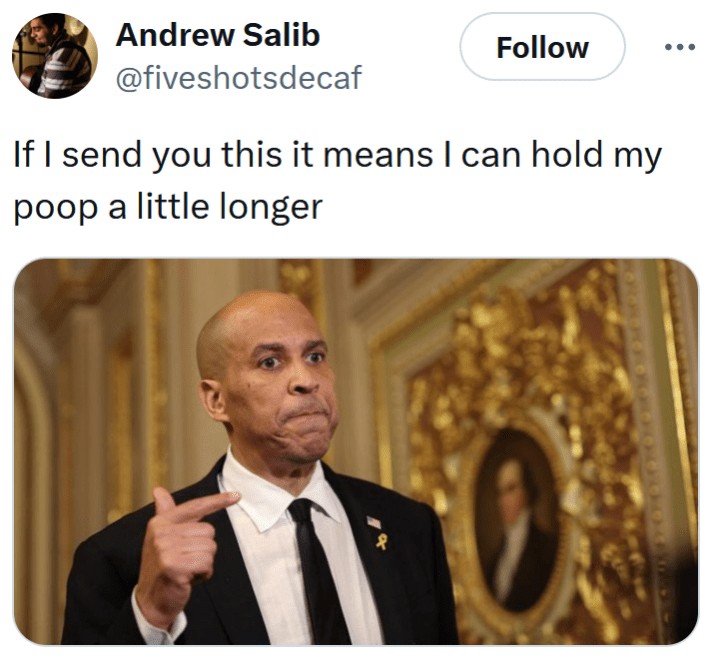 Cory Booker meme about holding poop in.