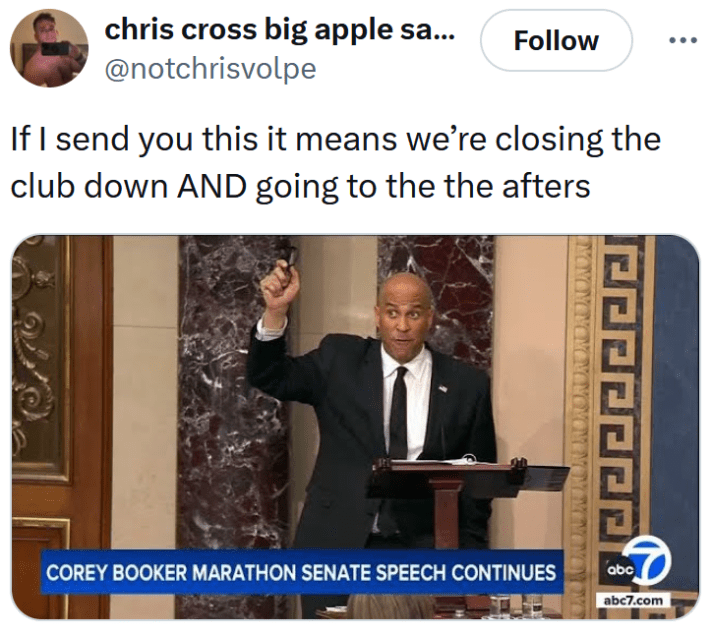 Cory Booker meme about closing down the club.