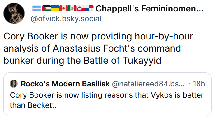 Bluesky post reading "Cory Booker is now providing hour-by-hour analysis of Anastasius Focht's command bunker during the Battle of Tukayyid"