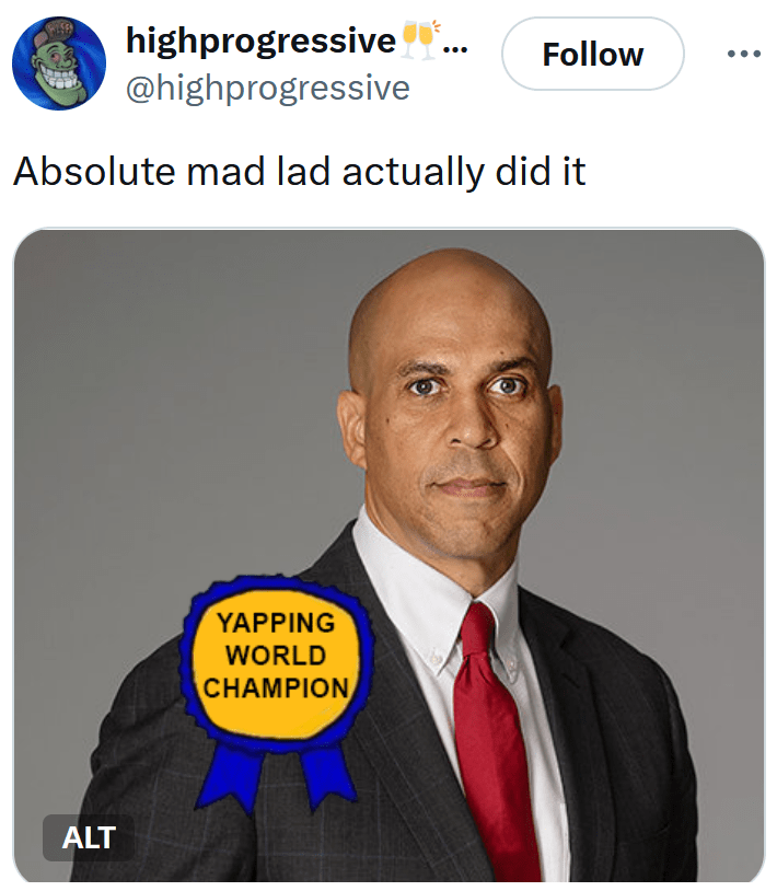 Cory Booker meme with him wearing a "yapping world champion" ribbon.