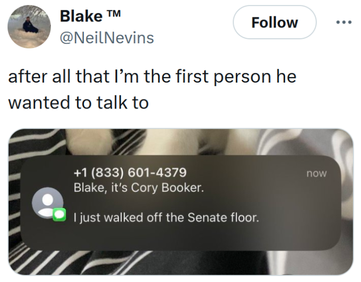 Cory Booker meme with an image of a text reading "I just walked off the Senate floor."