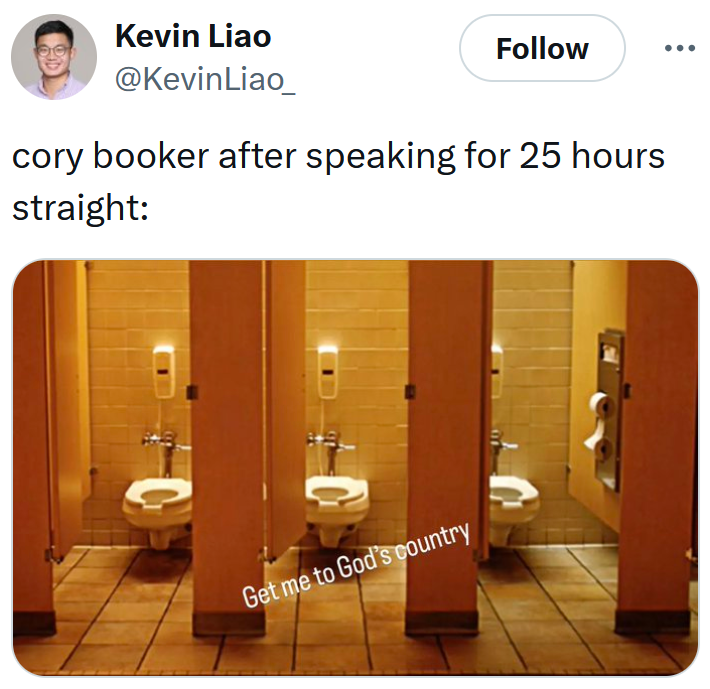 Cory Booker meme with a photo of a public restroom.