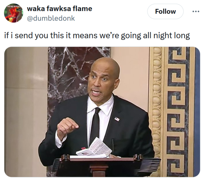 Cory Booker meme about going all night long.