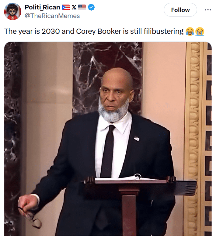 Cory Booker meme photoshopped to give him wrinkles and a gray beard.