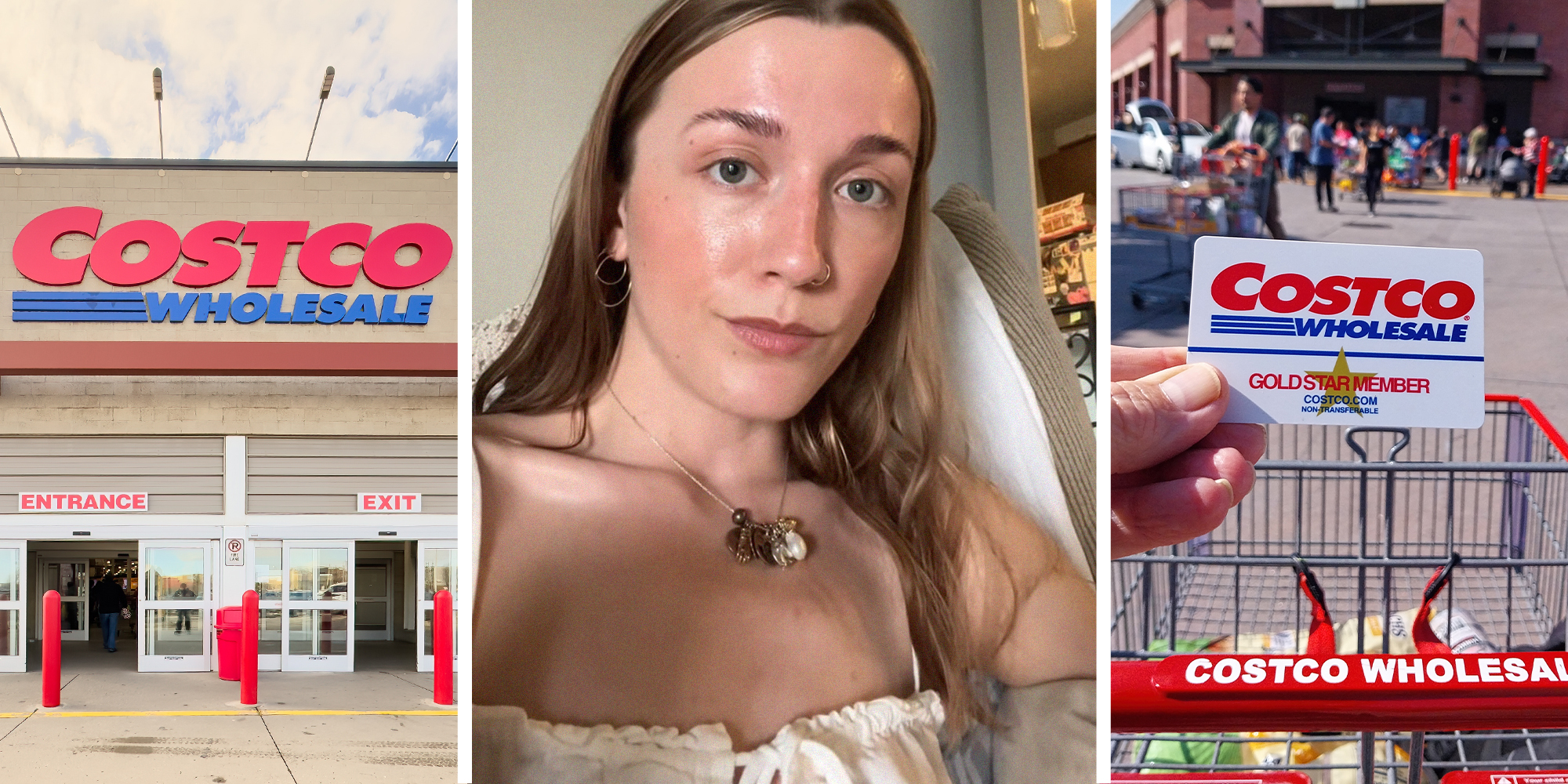 Costco Wholesale building front(l) woman shares what she experience shopping at costco store(c) Person holding Costco membership card outside of store(r)