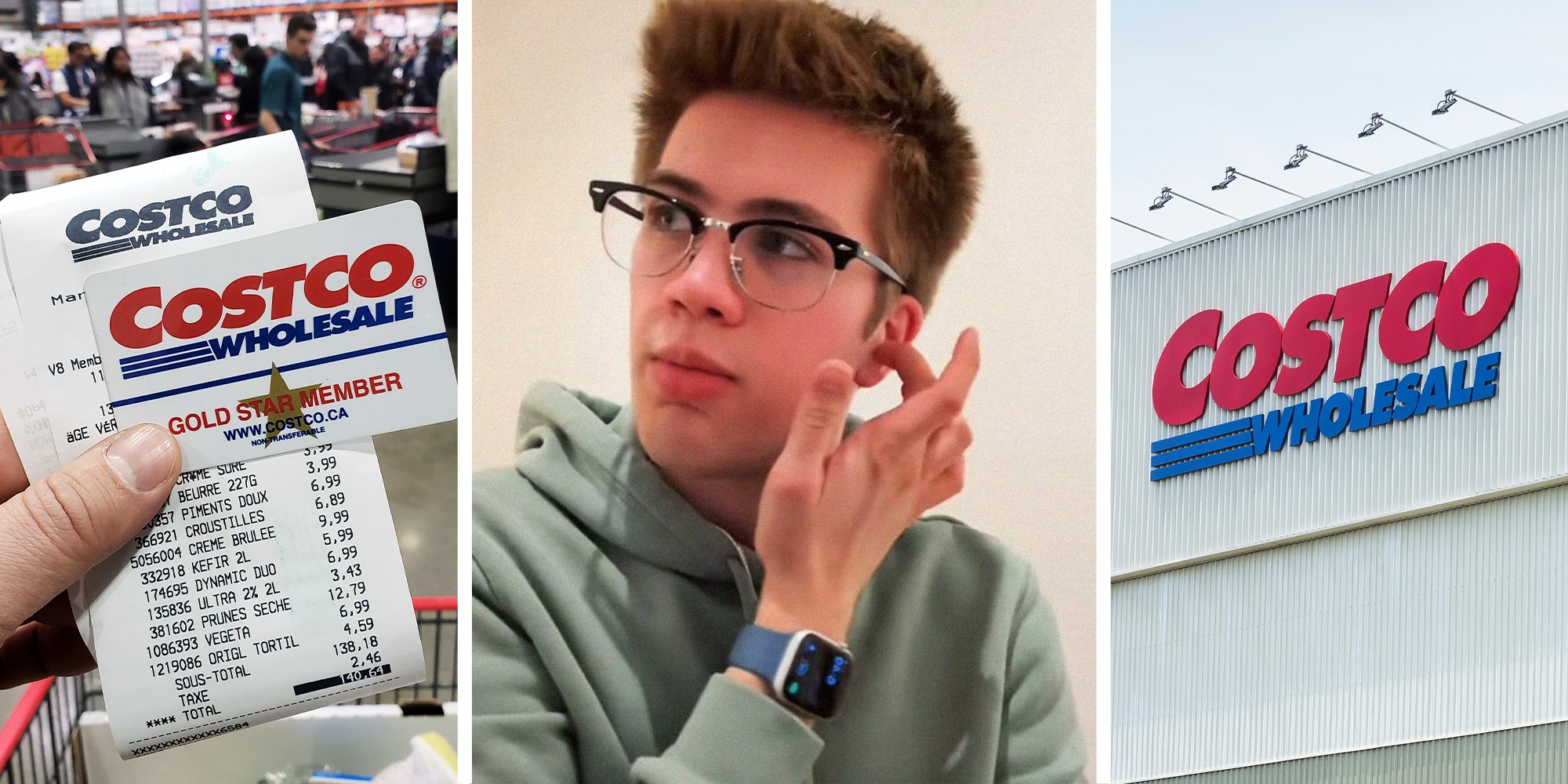 Costco Card and Receipt(l) Man shares why to always keep your costco receipt(c) Costco Wholesale logo on building(r)
