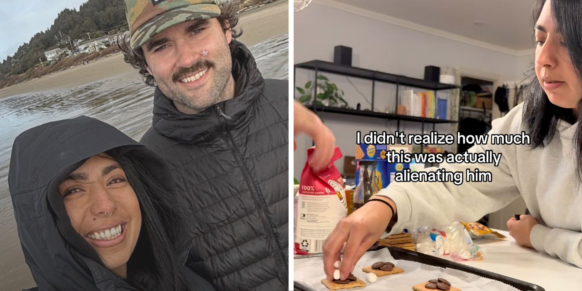 Screenshot of Tiktok user @alyssaaazander and her partner; Screenshot from Tiktok user @alyssaaazander of her baking cookies with her partner with the caption: "I didn't realize how much this was actually alienating him"