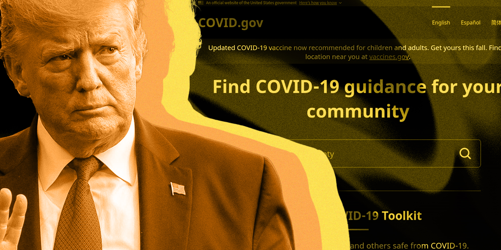 Trump in Colored Overlay with Covid.gov website in background