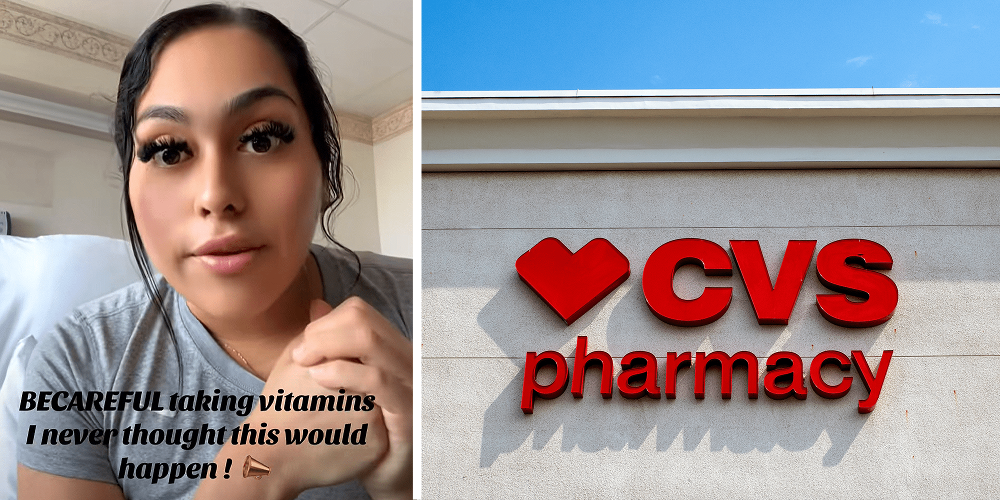 2 image split. Woman, angered, with overlayed text that reads: "Be careful taking vitamins, I never thought this would happen! (megaphone emoji) on left. CVS store on right.