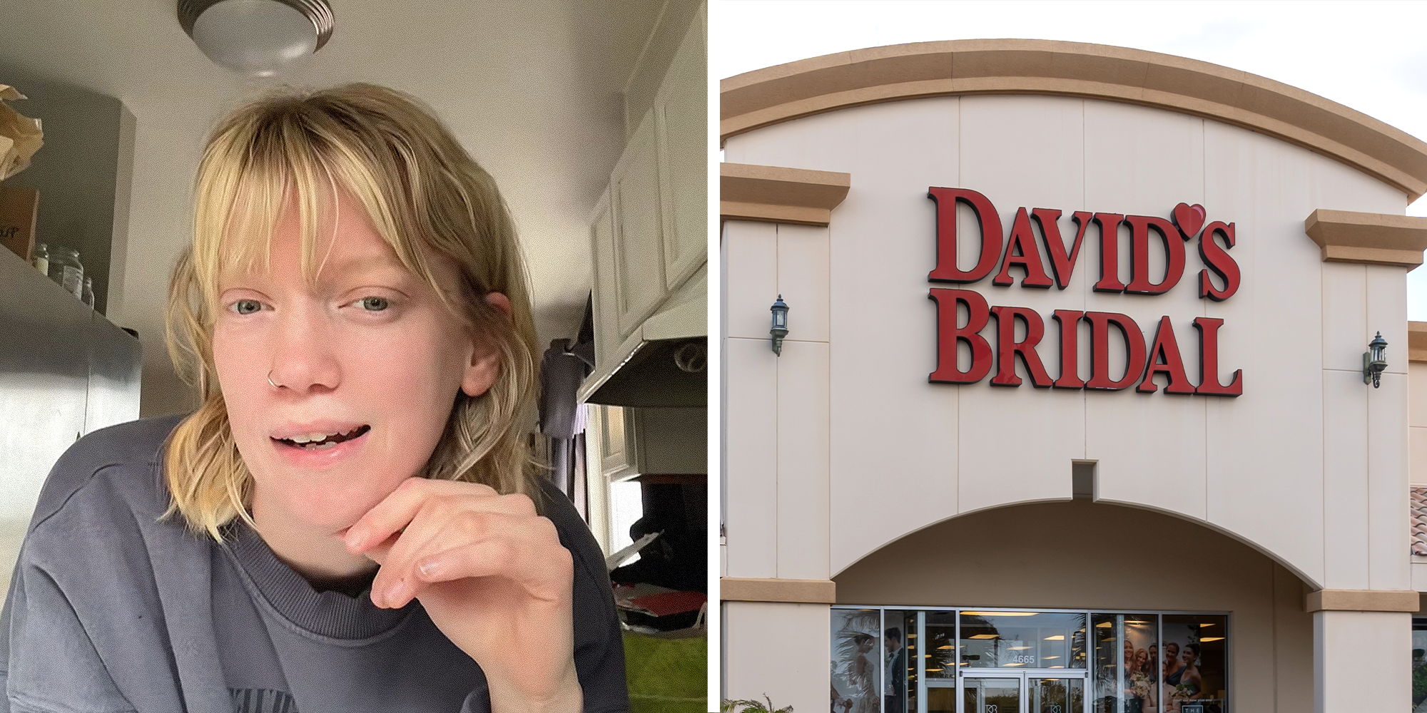 2 panel split. Woman looking upset on left. David's Bridal on right.