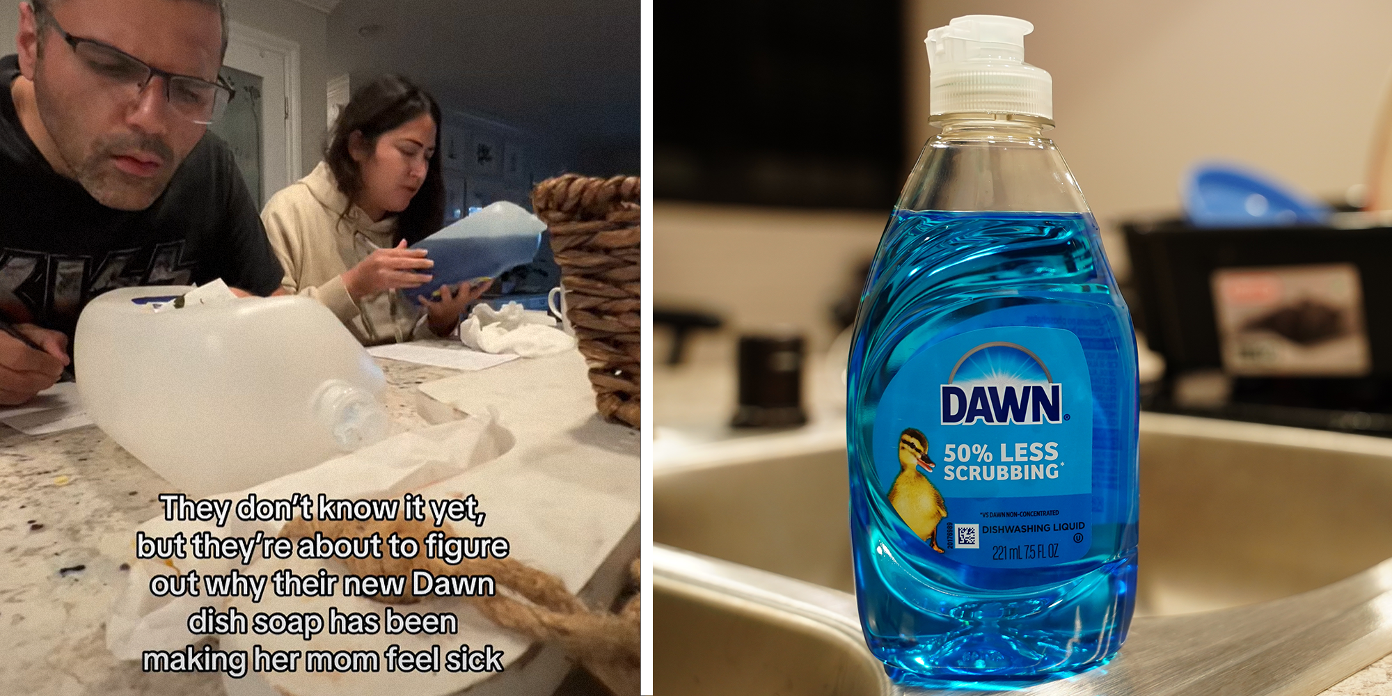 2 image split. Parents reading dish washing label with overlayed text that reads: "They don't know it yet, but they're about to figure out why their new Dawn dish soap has been making her mom feel sick" on left. Dawn dish soap on right.