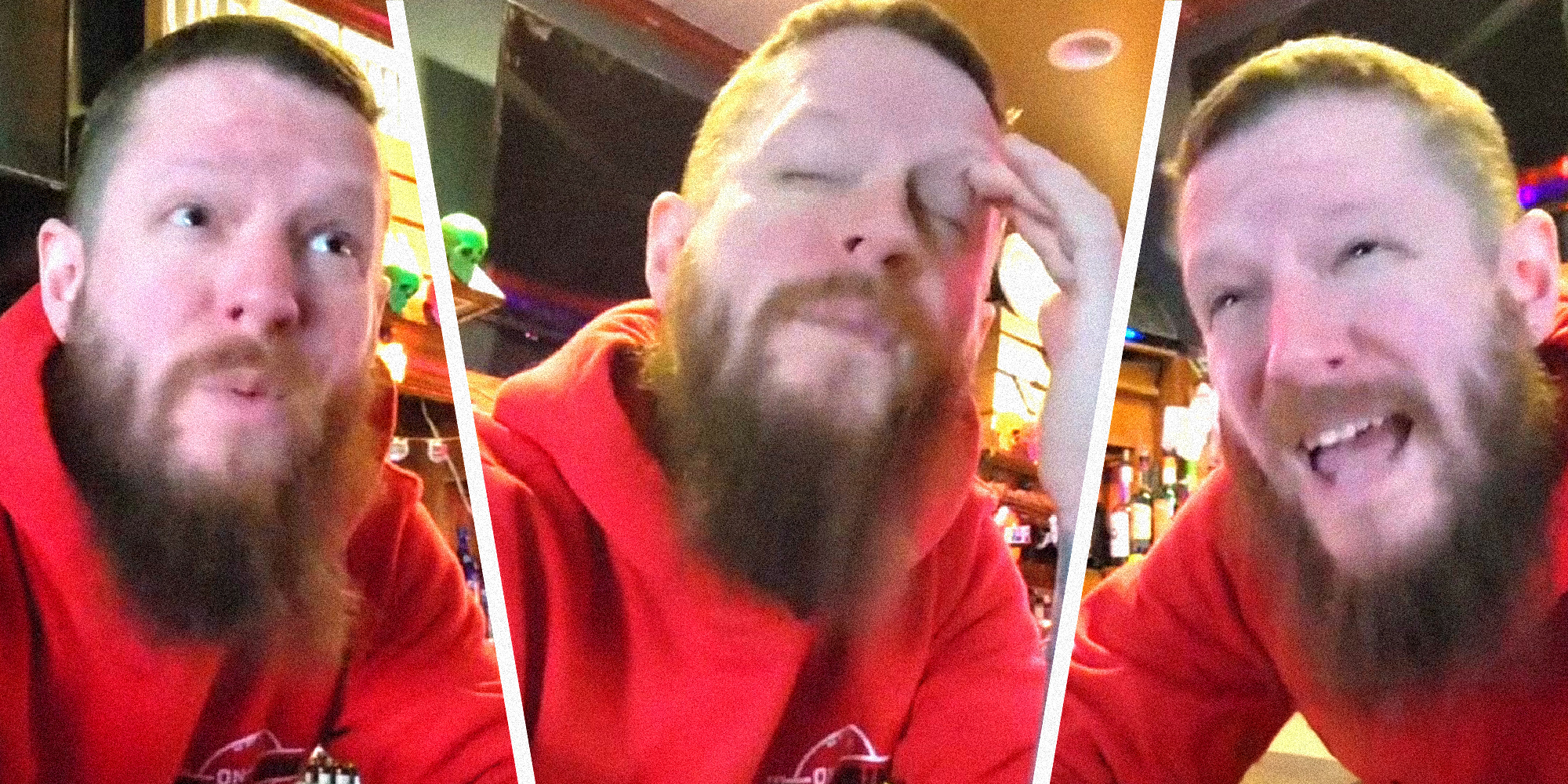 3 panel image: all of a person speaking at a bar.