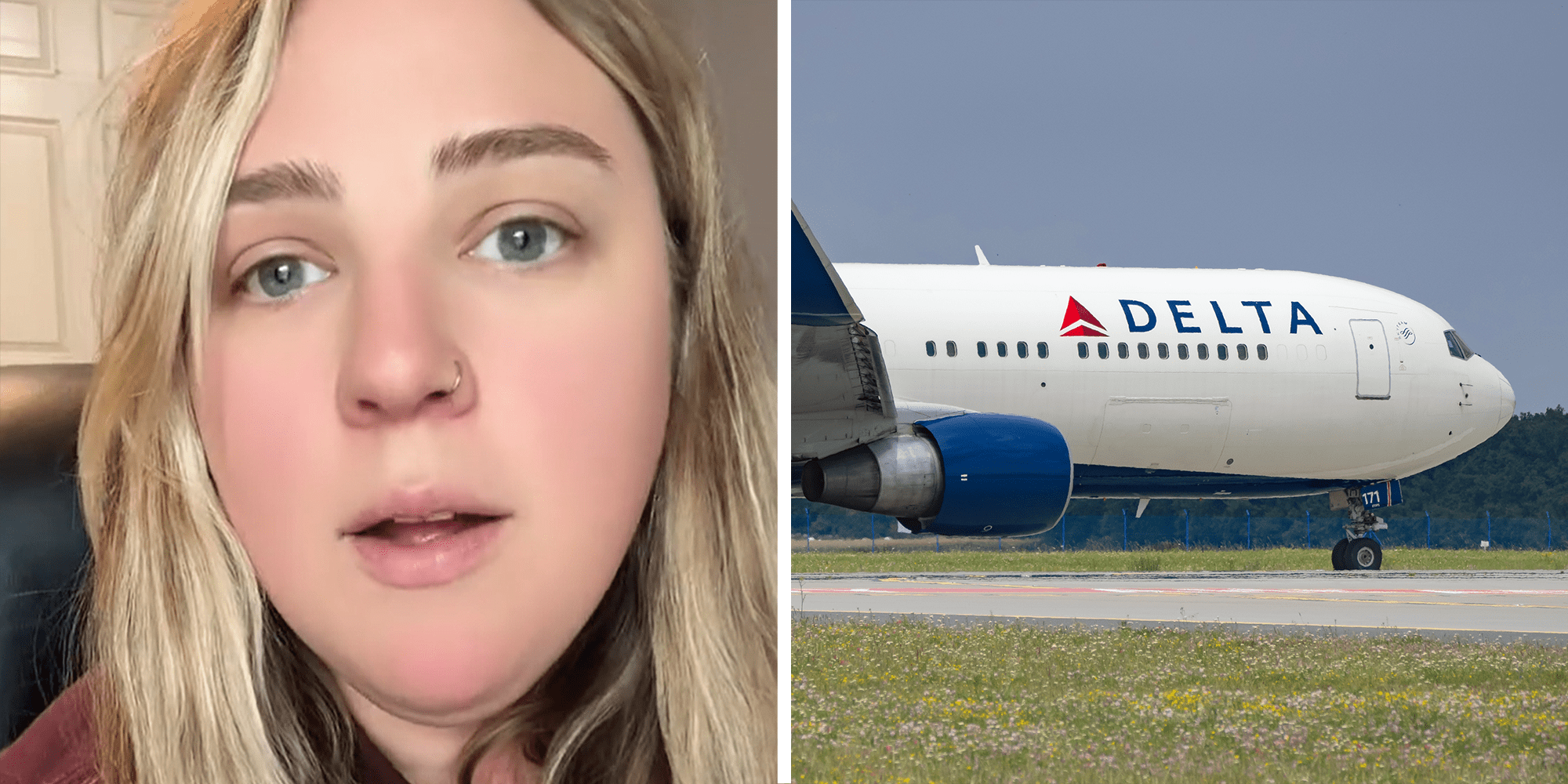 2 image split. Woman looking upset on left. Delta Airlines plane on right.