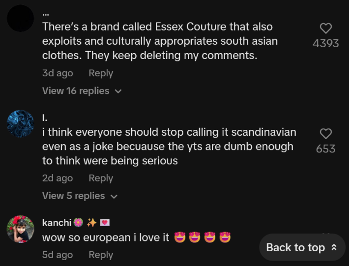 TikTok comments including one reading "There’s a brand called Essex Couture that also exploits and culturally appropriates south asian clothes. They keep deleting my comments."