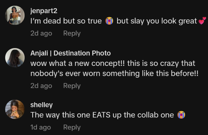 TikTok comments including one reading "wow what a new concept!! this is so crazy that nobody's ever worn something like this before!!"