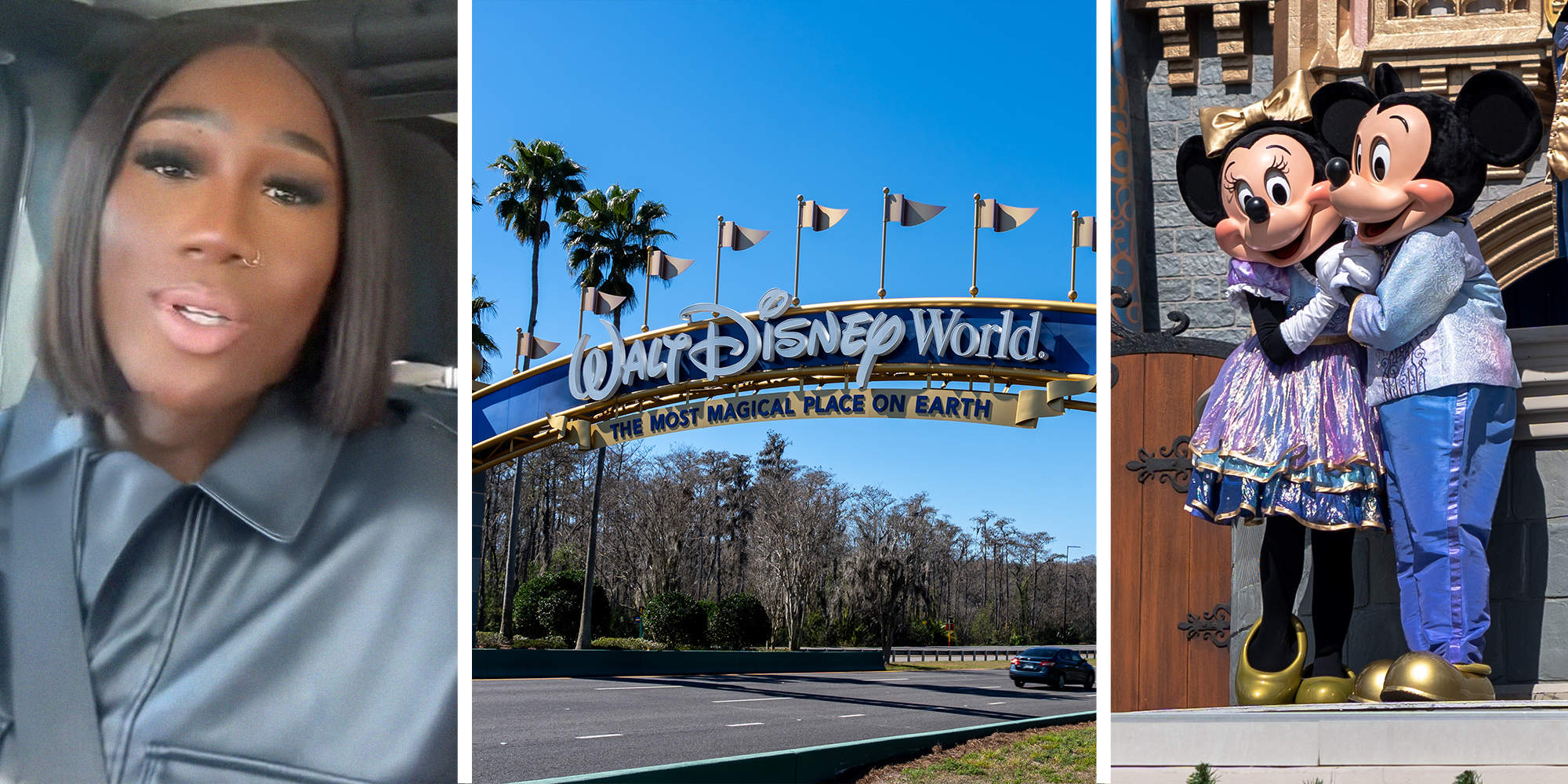 woman shares rule at disney world(l) Disney world entrance(c) Mickey and Minnie Mouse at disney world(r)
