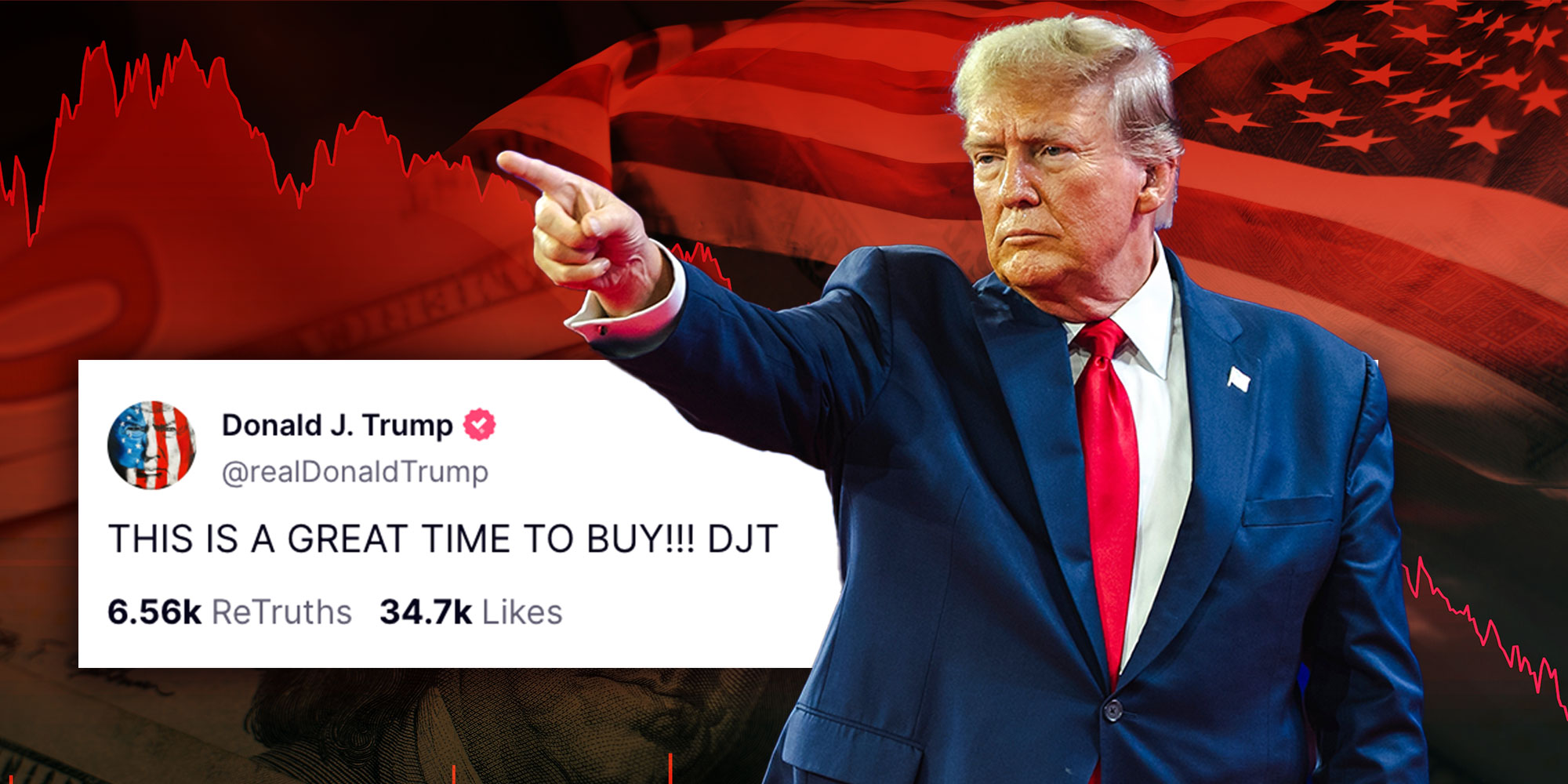Truth Social post from @realDonald Trump "THIS IS A GREAT TIME TO BUY!!! DJT"; Photo composite of Donald Trump pointing in front of a downward stock and the American flag.