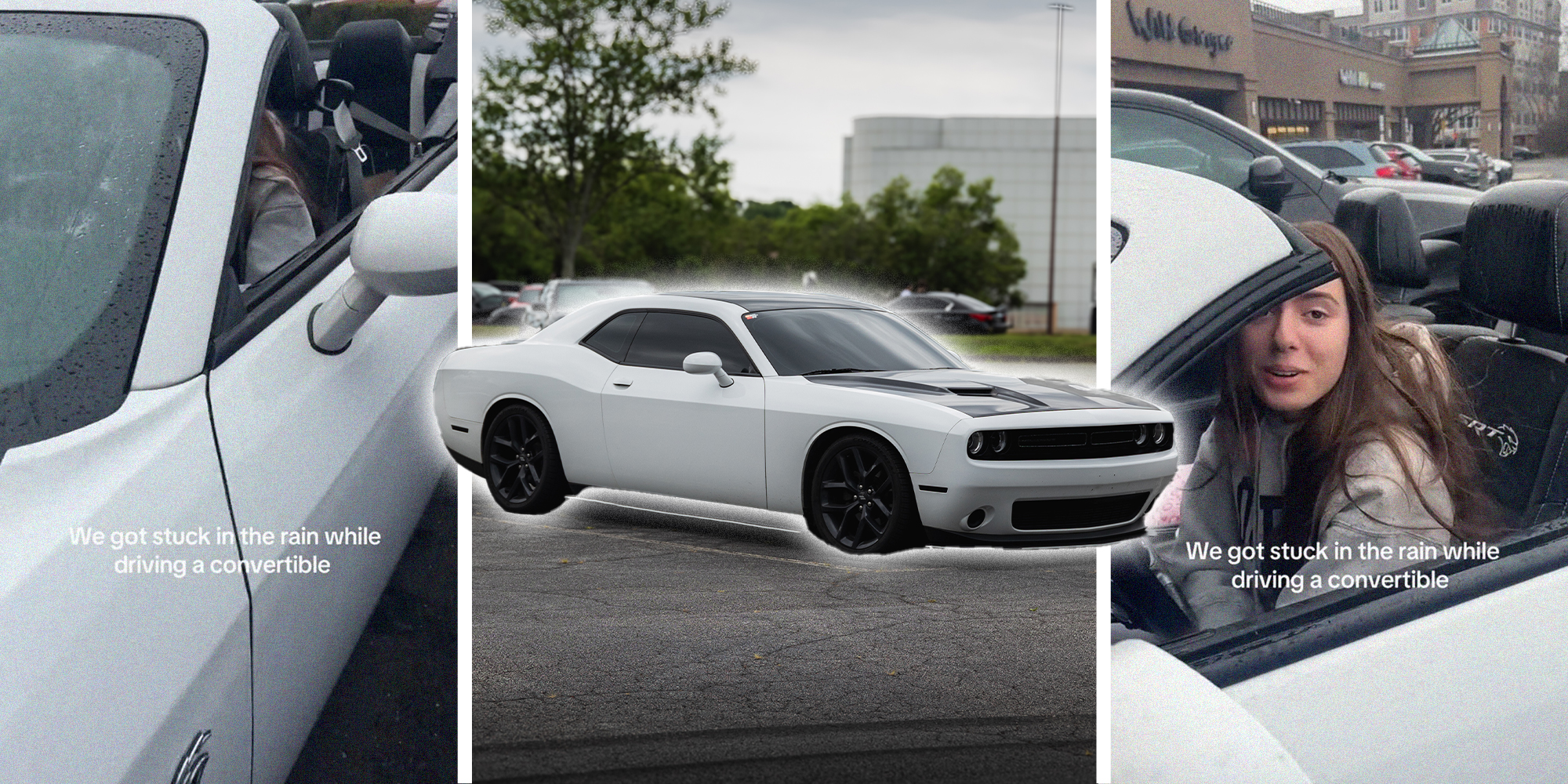 woman driving hellcat(l) Dodge SRT hellcat in white(c) Woman inside of her hell cat convertible(r)