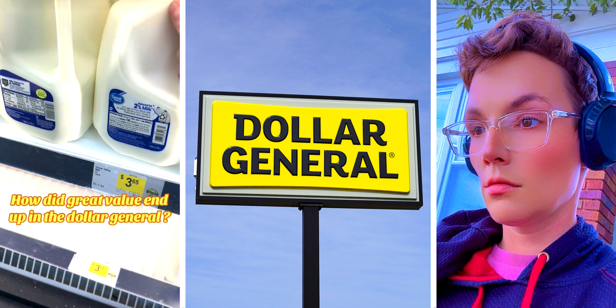 3 panel image: a case of milk in a store, a Dollar General store sign, a person standing outside.