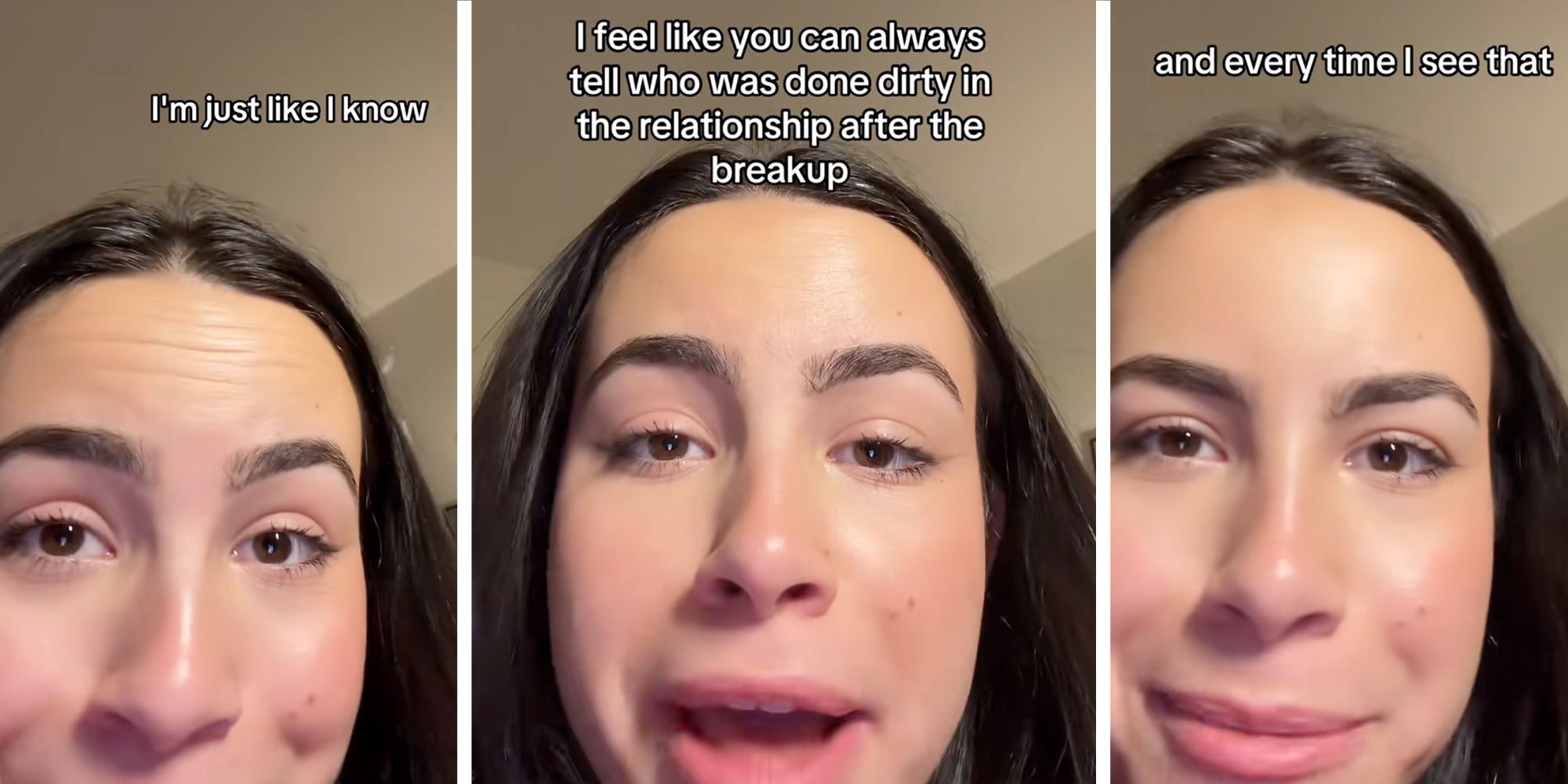 Three panel image of young woman talking.