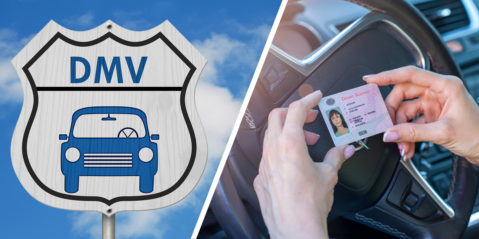 DMV Sign(l) Woman holding up her driver license(r)