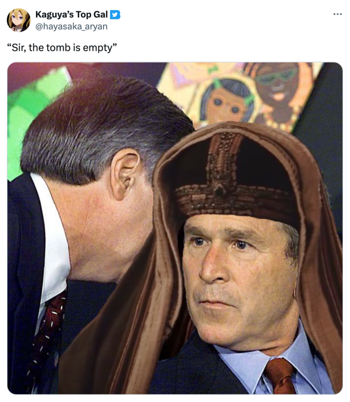 Tweet with an edited photo of President George W. Bush being told about the Twin Towers but the text says, "Sir, the tomb is empty"