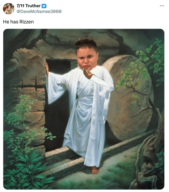 Tweet that says, "He has Rizzen" with the Rizzler edited over Jesus coming out of the tomb.