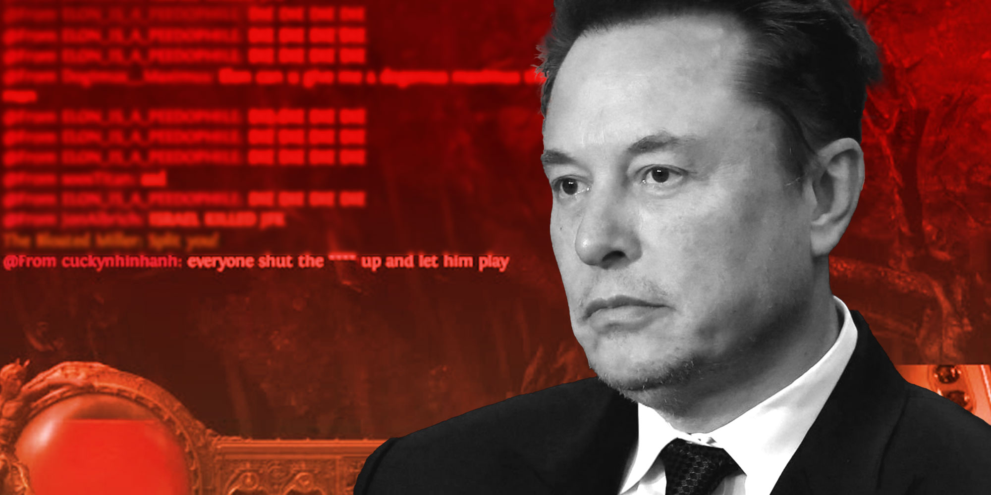 Photo composite of a sad Elon musk and a screenshot from his X livestream.