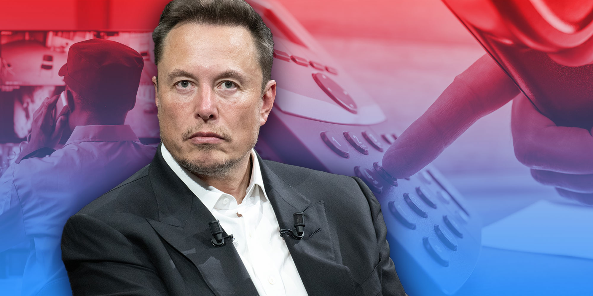 Photo Illustration of Elon Musk over two photos of a security guard on a phone and a hand dialing a landline phone.