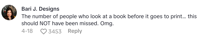 TikTok comment responding to Every Day With Babs misprint that says,  "The number of people who look at a book before it goes to print… this should NOT have been missed. Omg."