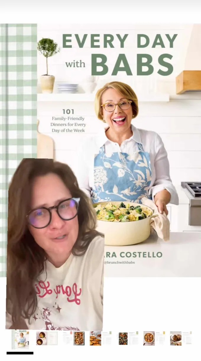 Screenshot of a TikTok video where a woman has greenscreened herself over a zoomed-in image of the 'Every Day with Babs' cookbook that had editorial notes left in.