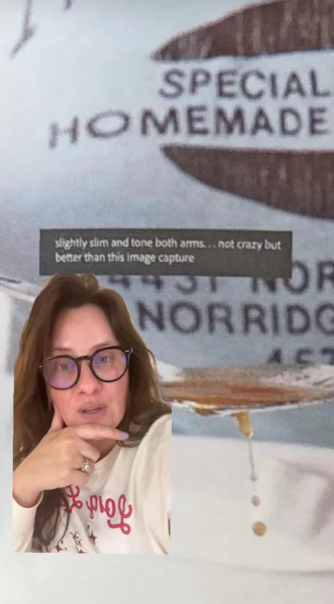 Screenshot of a TikTok video where a woman has greenscreened herself over a zoomed-in image of a cookbook that had editorial notes left in.