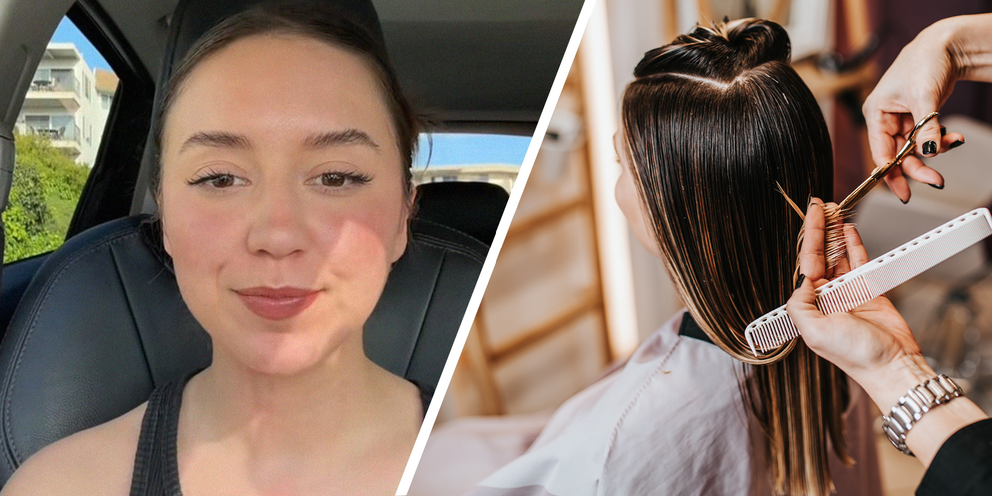 woman shares haircut pricing(l) Woman getting a haircut(r)