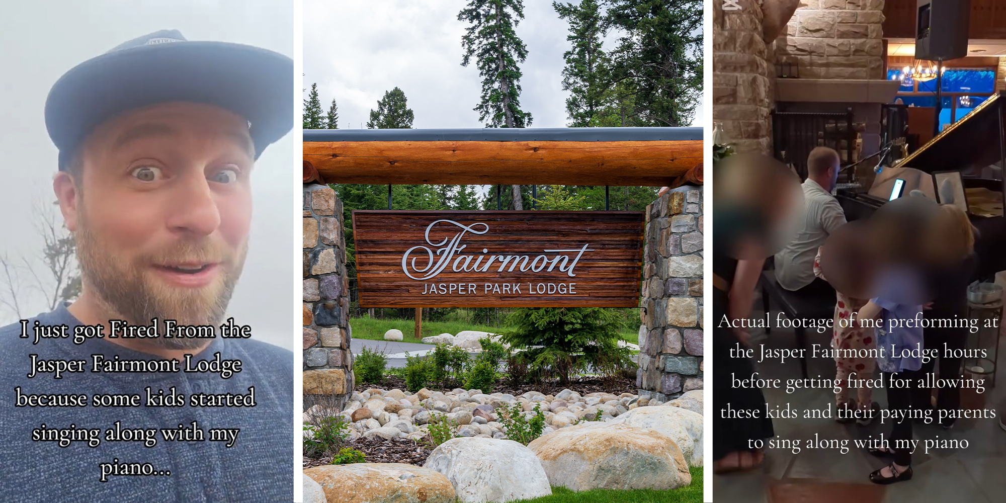 man sharing why he was fired from his work(l) Fairmont Sign(c) Man playing piano with kids around(r)