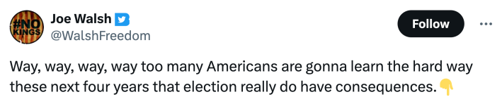 Tweet that says, "Way, way, way, way too many Americans are gonna learn the hard way these next four years that election really do have consequences."