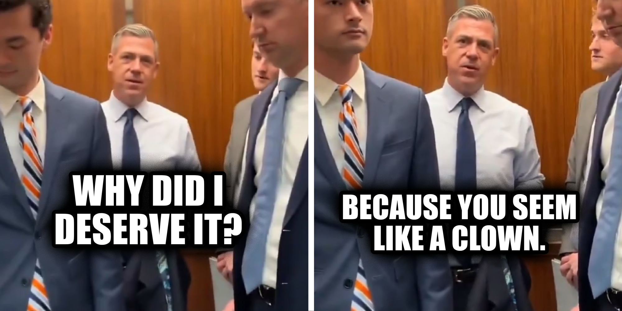 2 panel image: Senator JIm Banks in an elevator responding to question.
